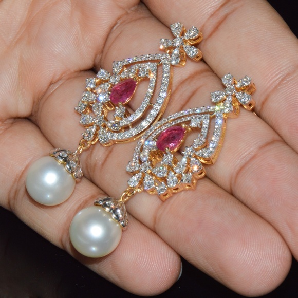 CERTIFIED NATURAL 24.16CTS VS F DIAMOND RUBY SOUTH SEA PEARL 18K GOLD EARRINGS - Picture 9 of 14